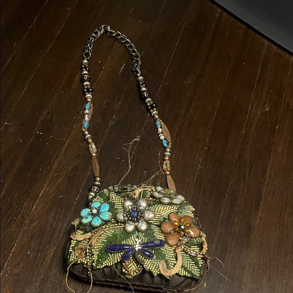 Mary Frances Floral Beaded Mini Bag - Turquoise and Gold